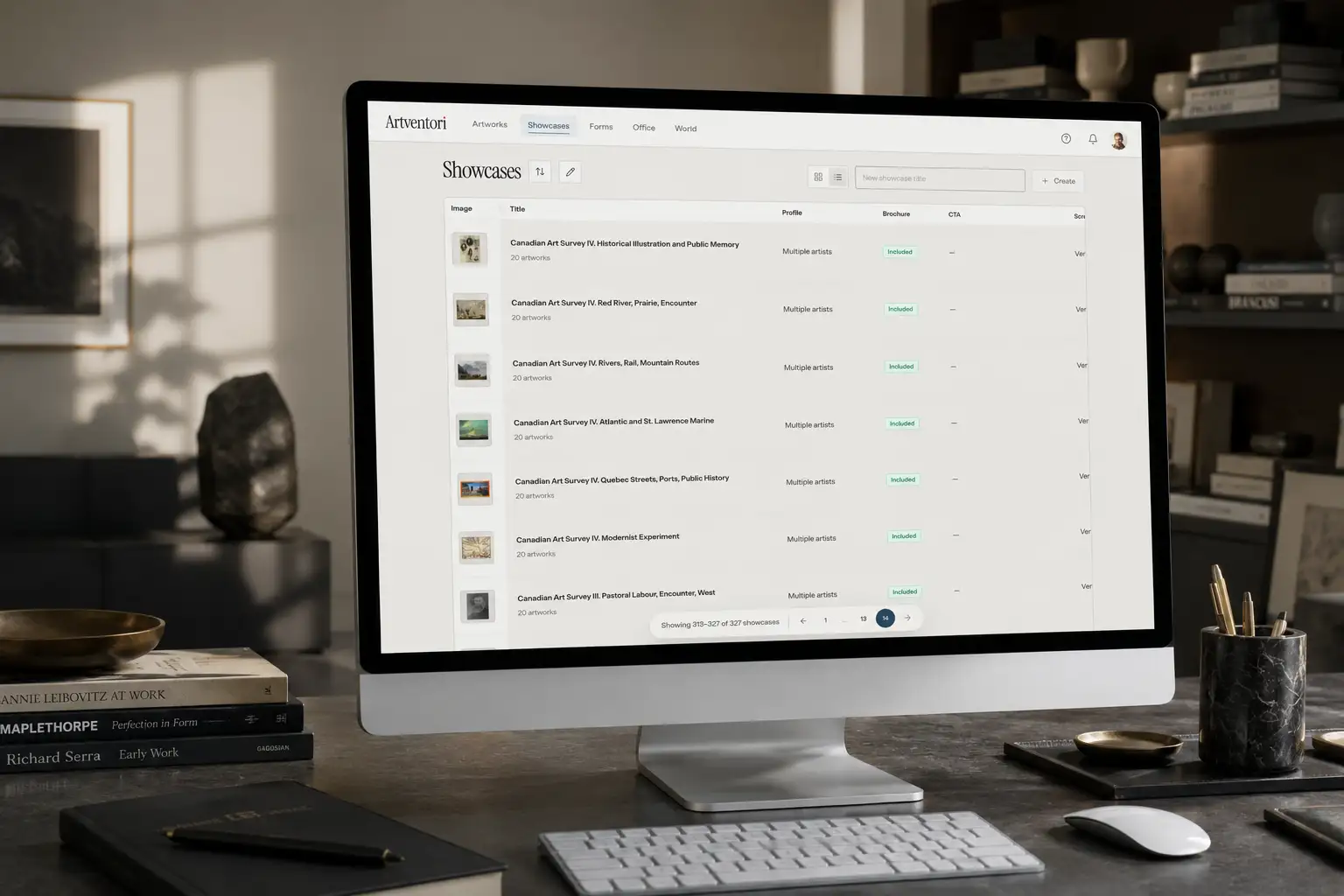 Artventori gallery workflow with showcase builder, intake forms, and submission notifications.
